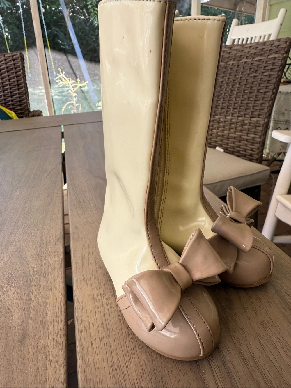 Joyfolie Cream and Beige Bow-Trim Mid-Calf Heeled Boots